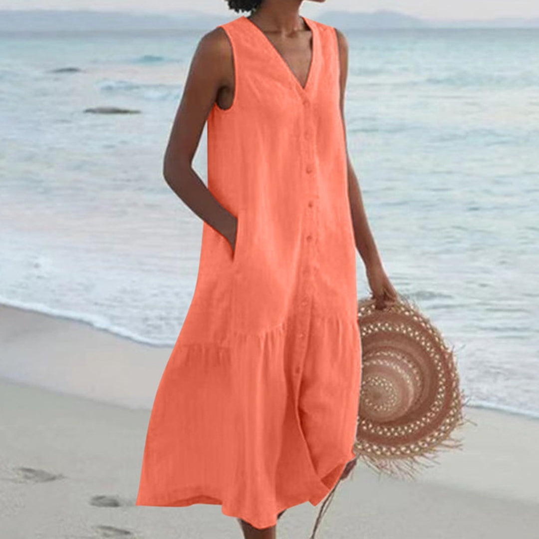 Abril | Vestido Midi de Playa Sin Mangas Mujer Botones Escote V