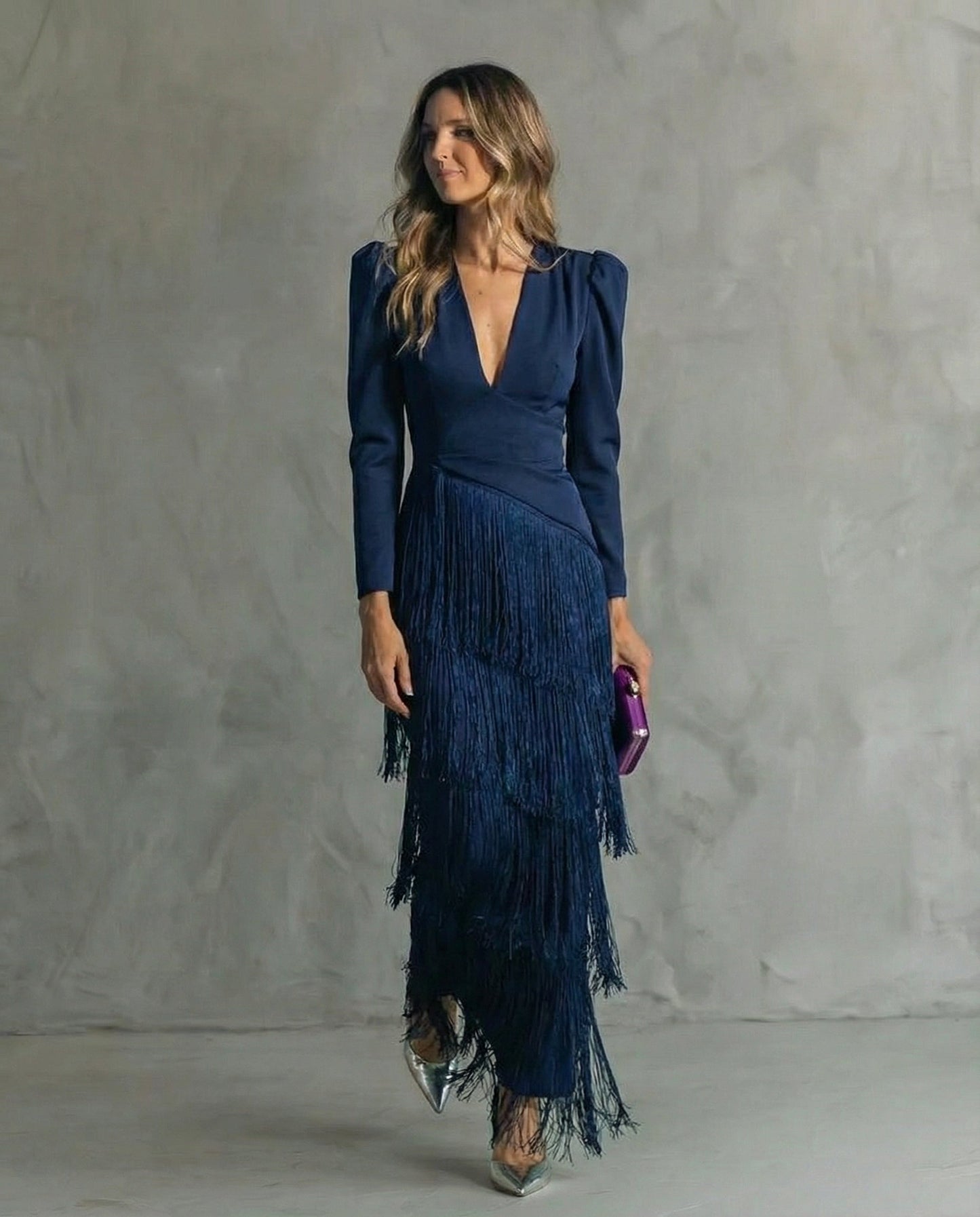 Beatriz | Vestido Largo de Invitada Boda Invierno Mujer Manga Larga Flecos