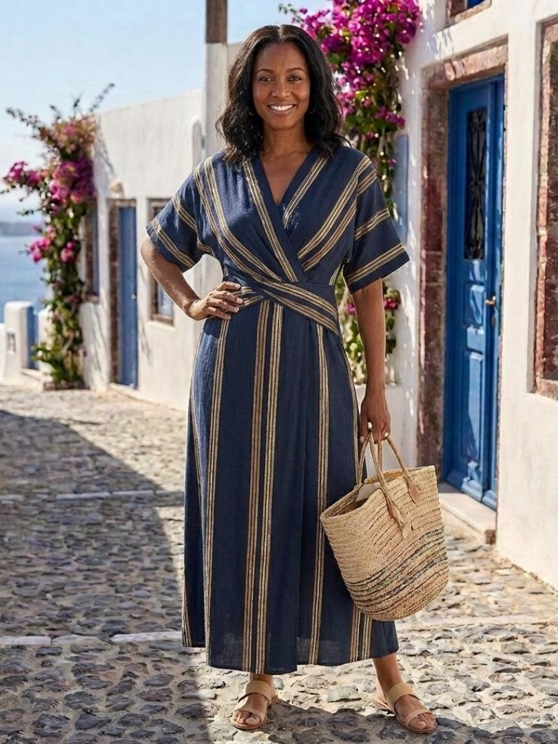 Celeste | Vestido Largo Cruzado Elegante de Rayas Mujer Manga Corta Escote V