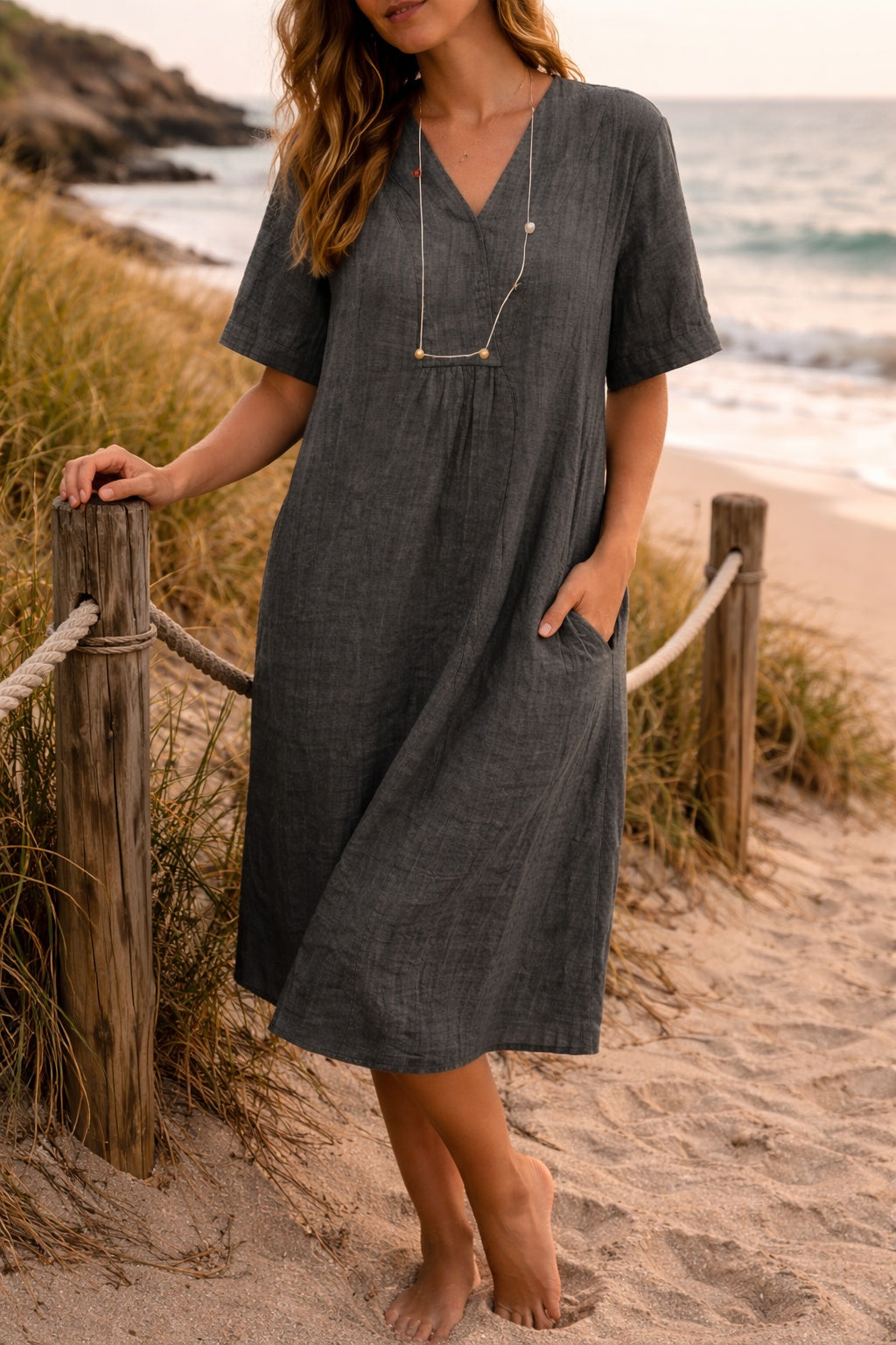 Concha | Vestido Midi de Lino con Escote en V Mujer Manga Corta