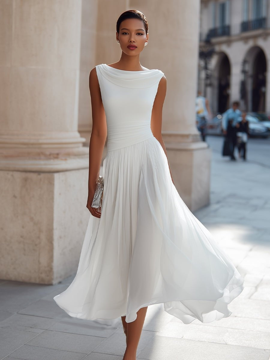 Aitana | Vestido de Boda de Día Midi Drapeado Mujer Falda Fluida Sin Mangas