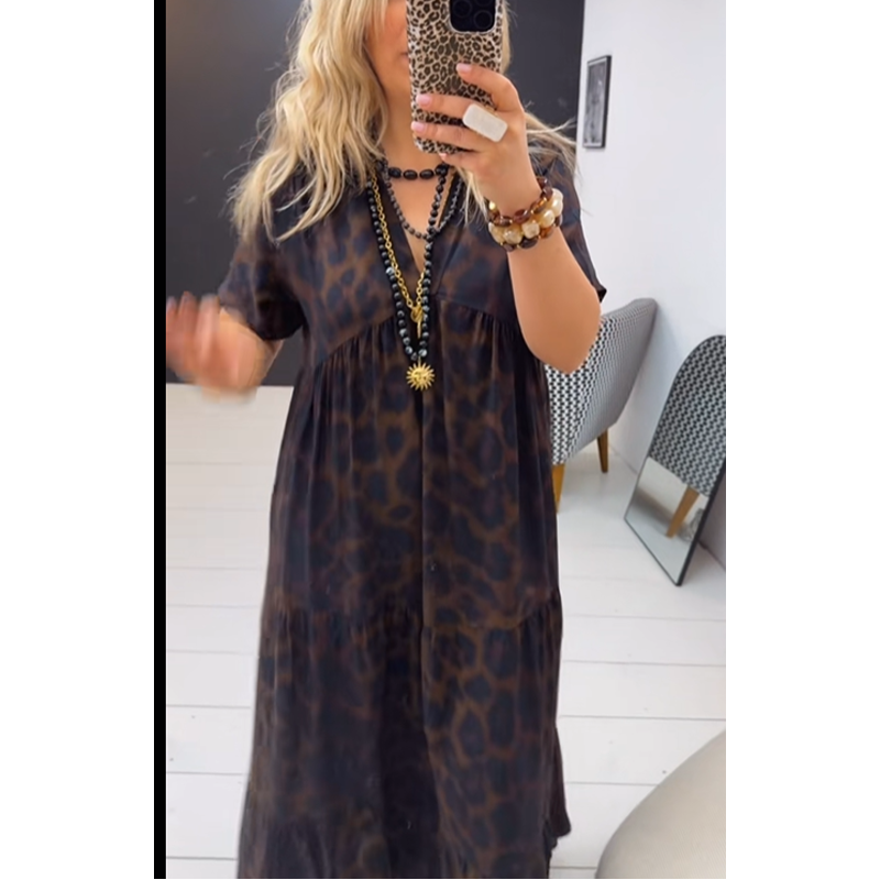 Cristina | Vestido Largo Estampado Animal Print Mujer Manga Corta Escote V