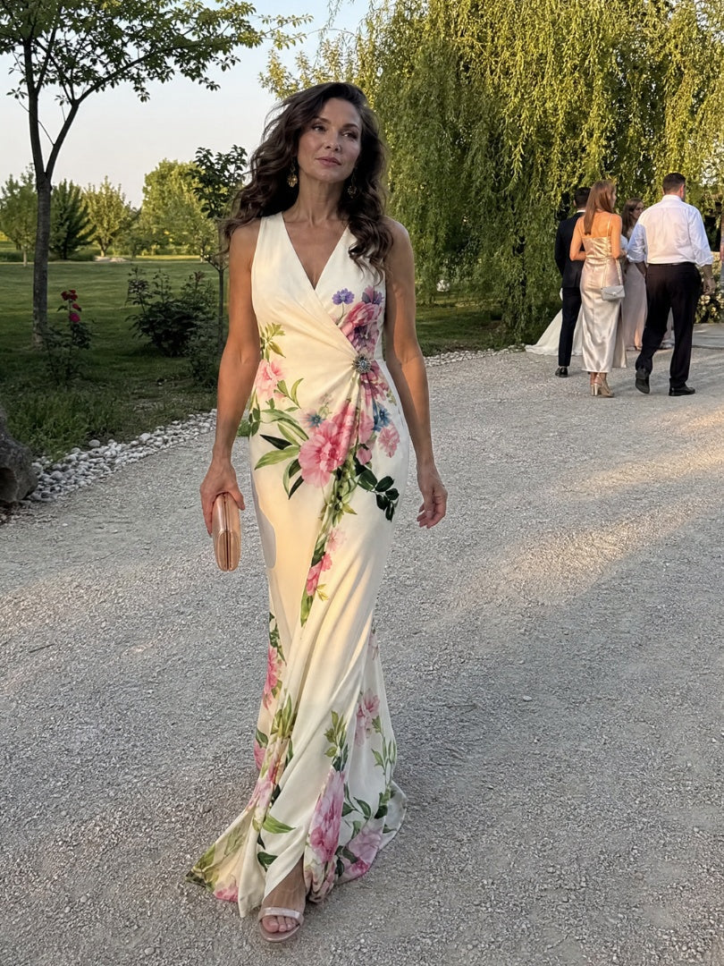 Macarena | Vestido Largo de Madrina Floral Mujer Escote V Sin Mangas