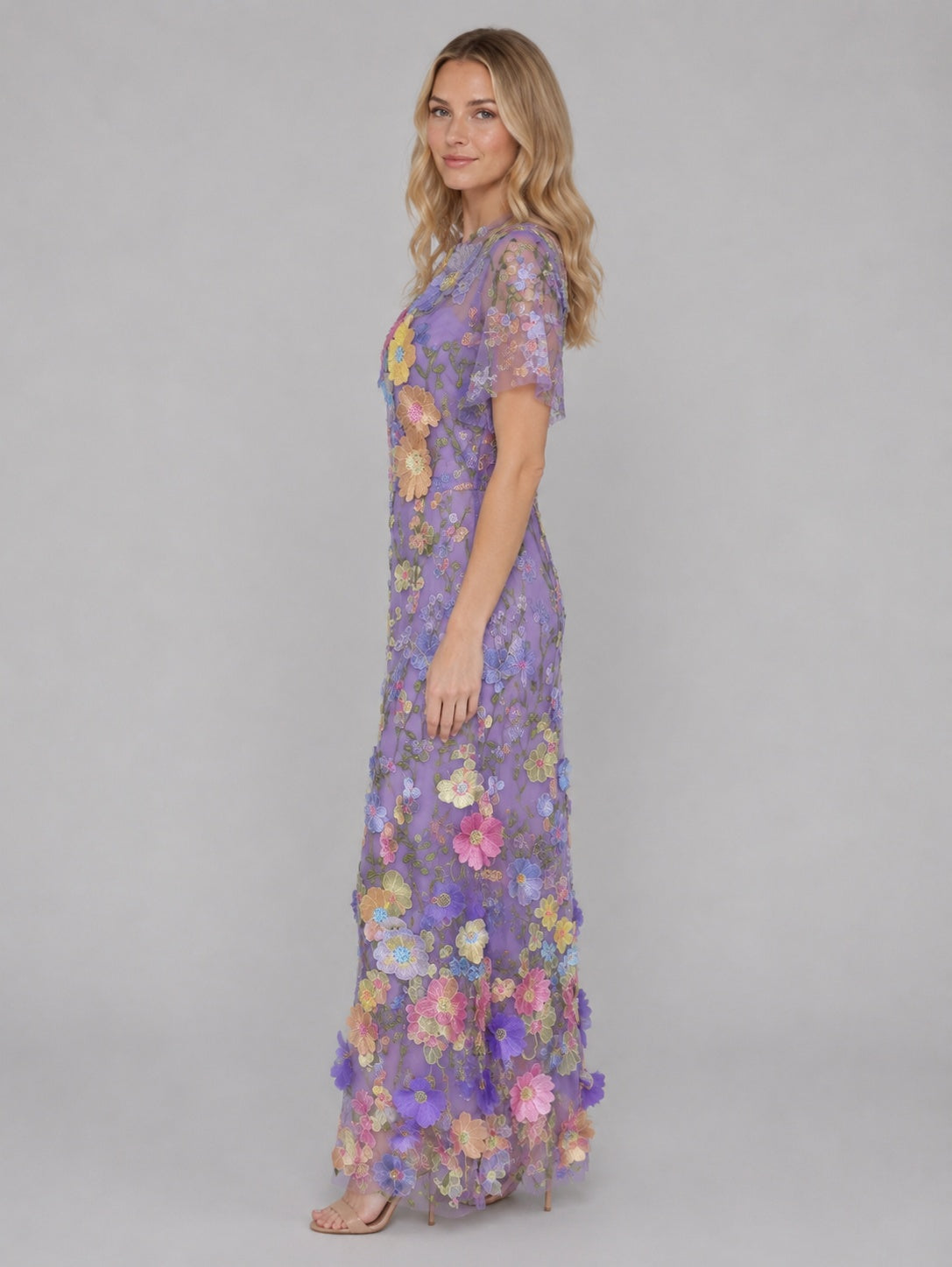 Marisol | Vestido Largo de Invitada de Boda Bordado Floral 3D Mujer Manga Corta