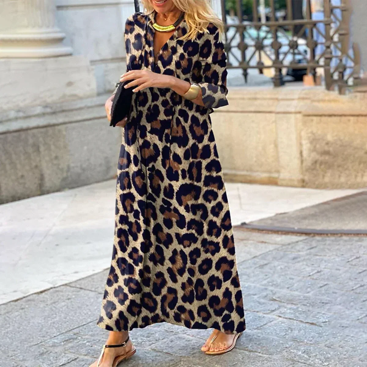 Mónica | Vestido Largo Casual Mujer Estampado Animal Print Escote V