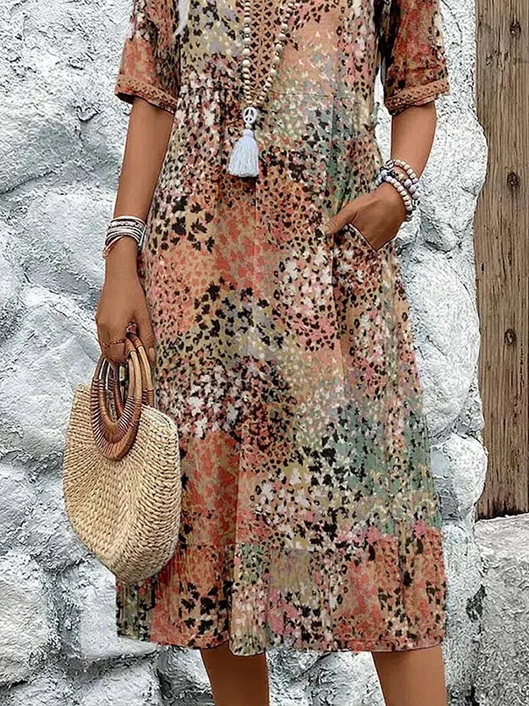 Noelia | Vestido Midi Floral Mujer Escote V Manga Corta