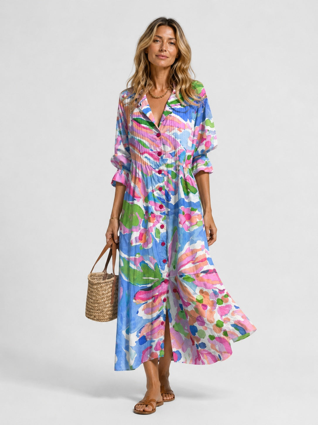 Nuria | Vestido Largo Camisero Estampado Mujer Manga Larga Botones