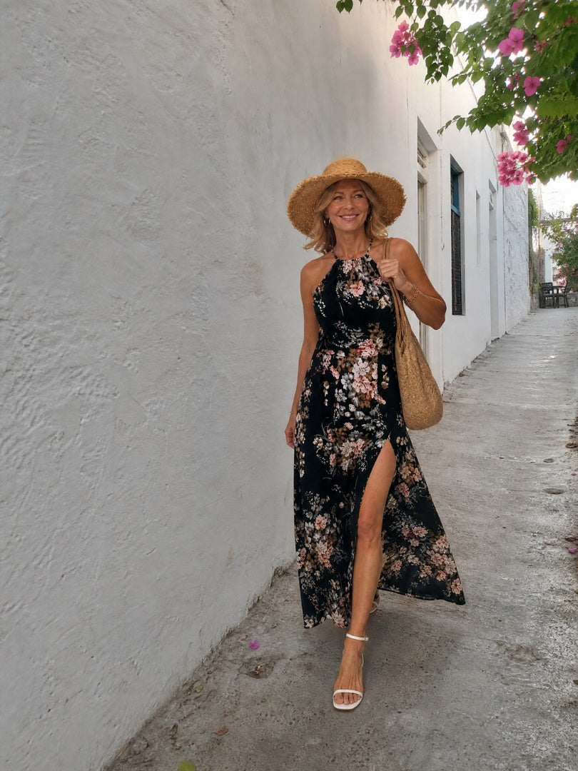 Paloma | Vestido Largo Floral Mujer Cuello Halter Abertura Lateral