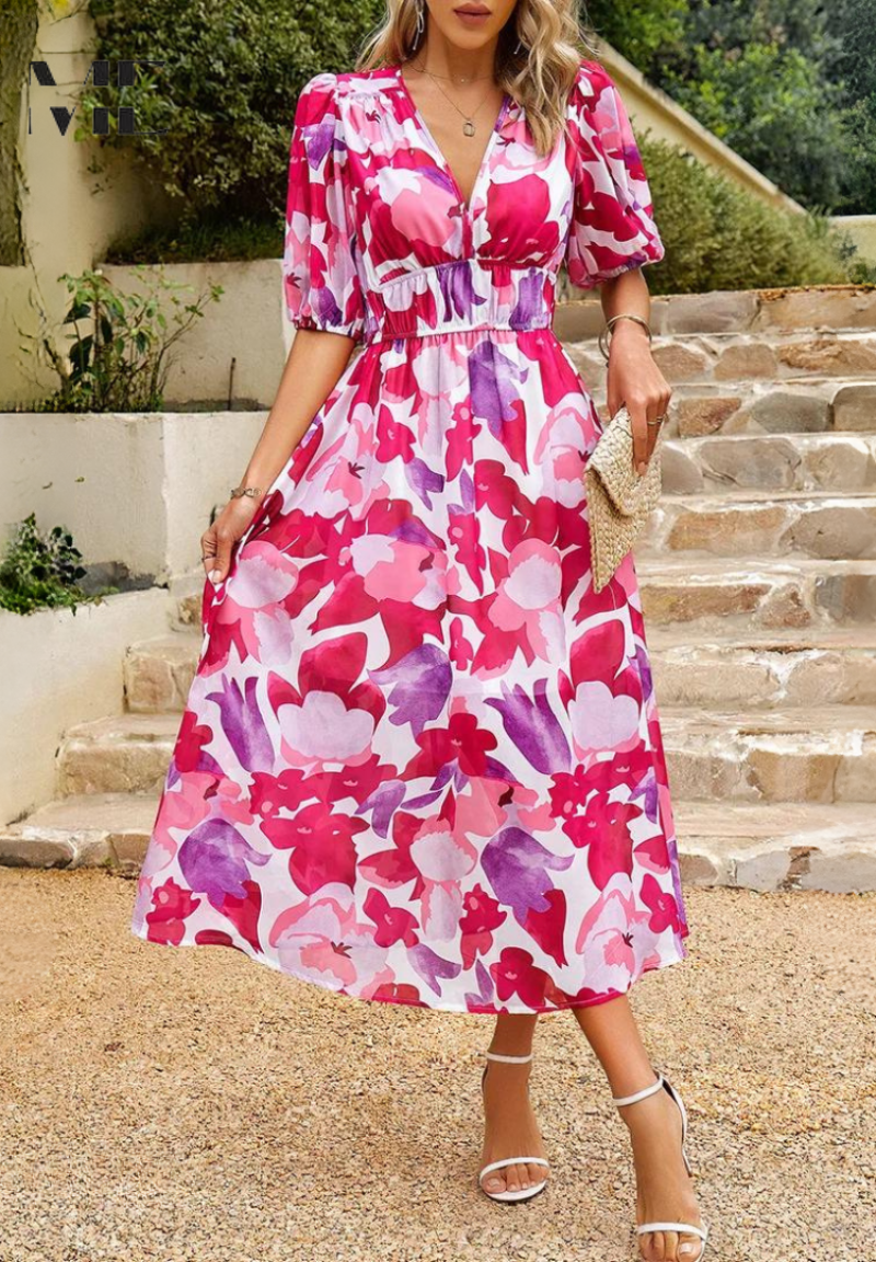 Marisol | Vestido Midi de Invitada Estampado Floral Mujer Escote V