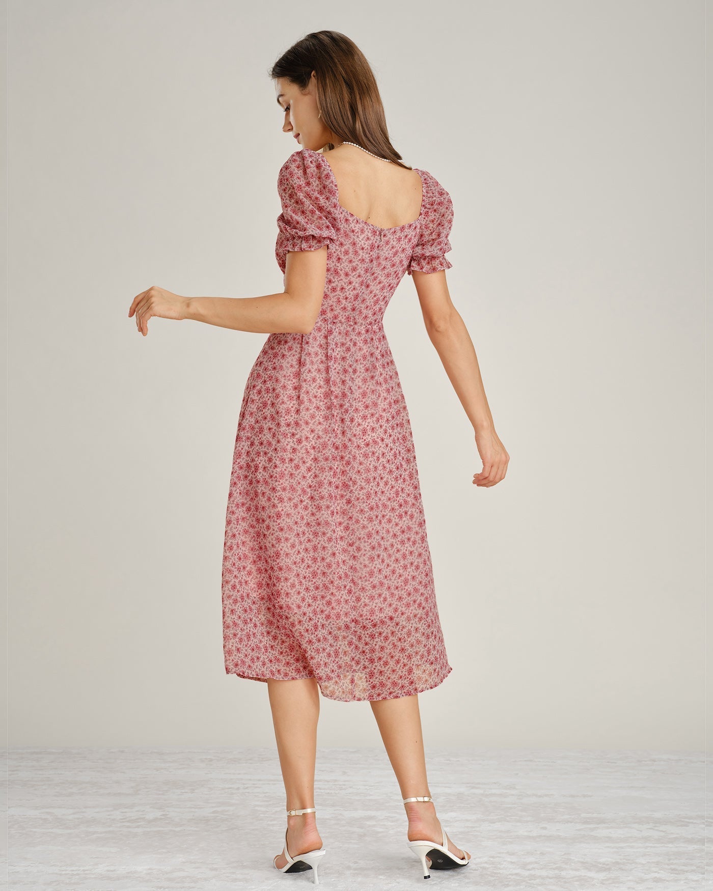 Nieves | Vestido Midi de Gasa Floral Rosa Mujer Escote Cuadrado
