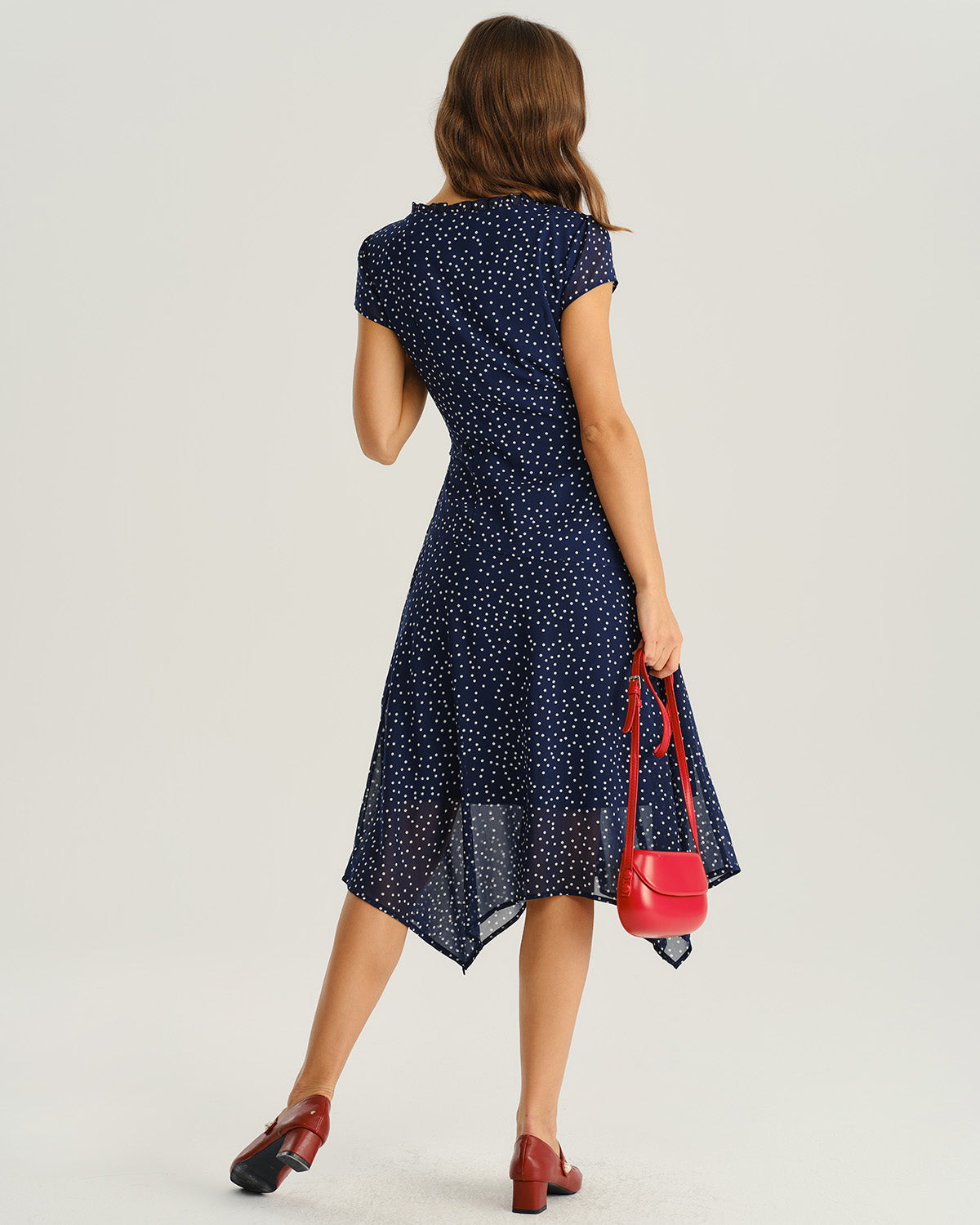 Rocío | Vestido Midi de Lunares Azul Marino Mujer Escote V Cruzado