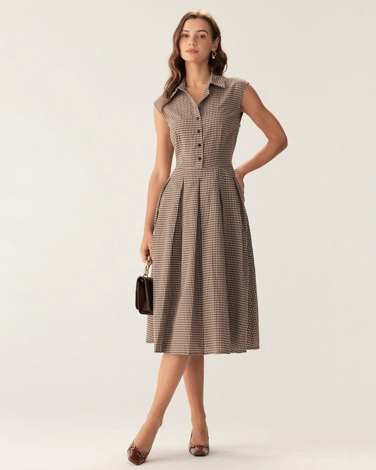 Manuela | Vestido Midi de Cuadros Marrón Mujer Botones y Falda Plisada