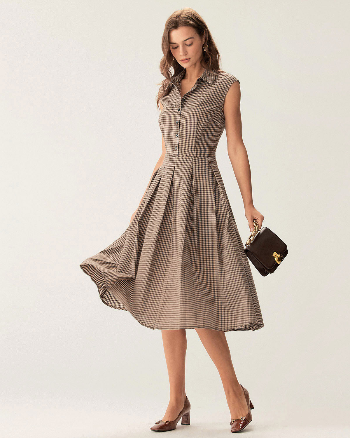 Manuela | Vestido Midi de Cuadros Marrón Mujer Botones y Falda Plisada
