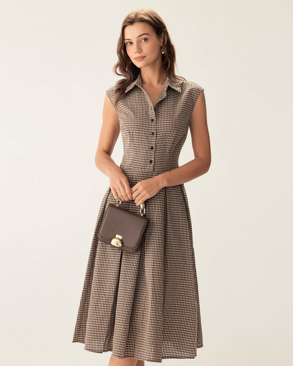 Manuela | Vestido Midi de Cuadros Marrón Mujer Botones y Falda Plisada