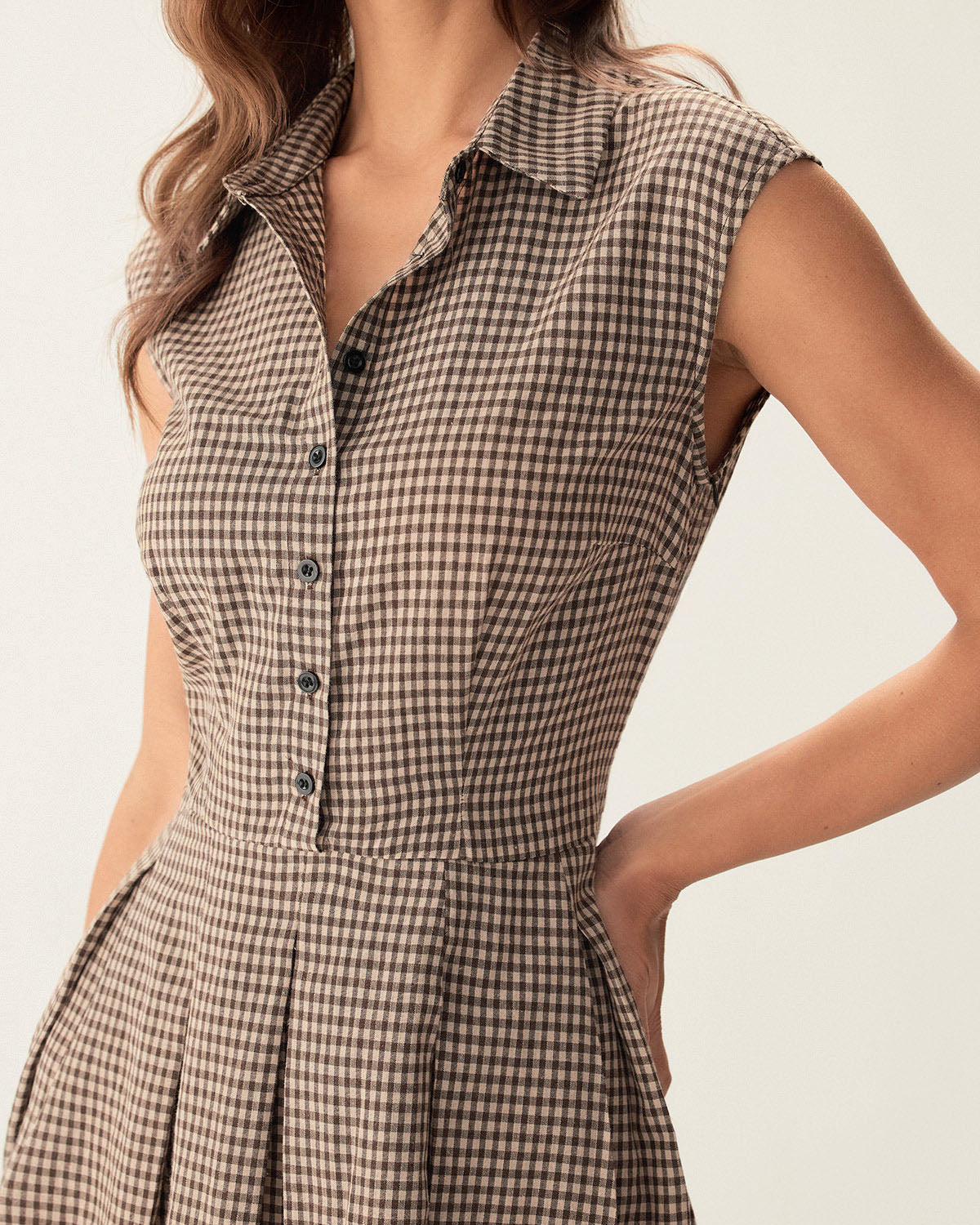Manuela | Vestido Midi de Cuadros Marrón Mujer Botones y Falda Plisada