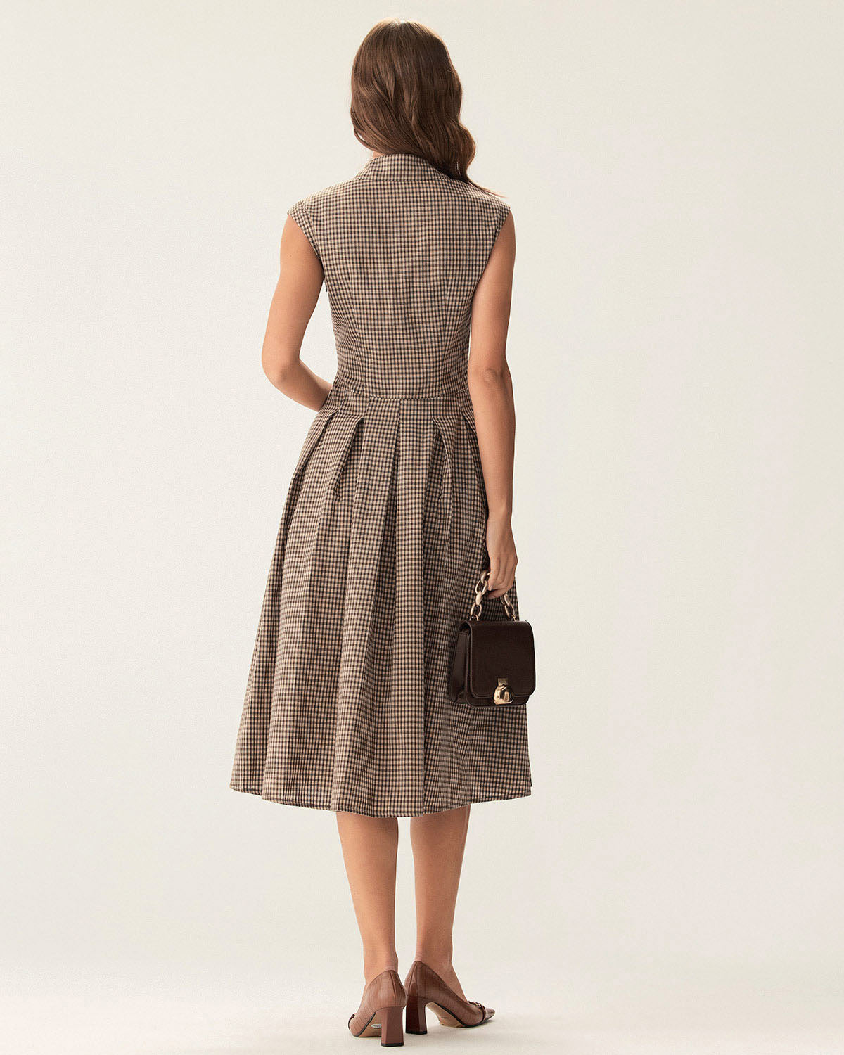 Manuela | Vestido Midi de Cuadros Marrón Mujer Botones y Falda Plisada
