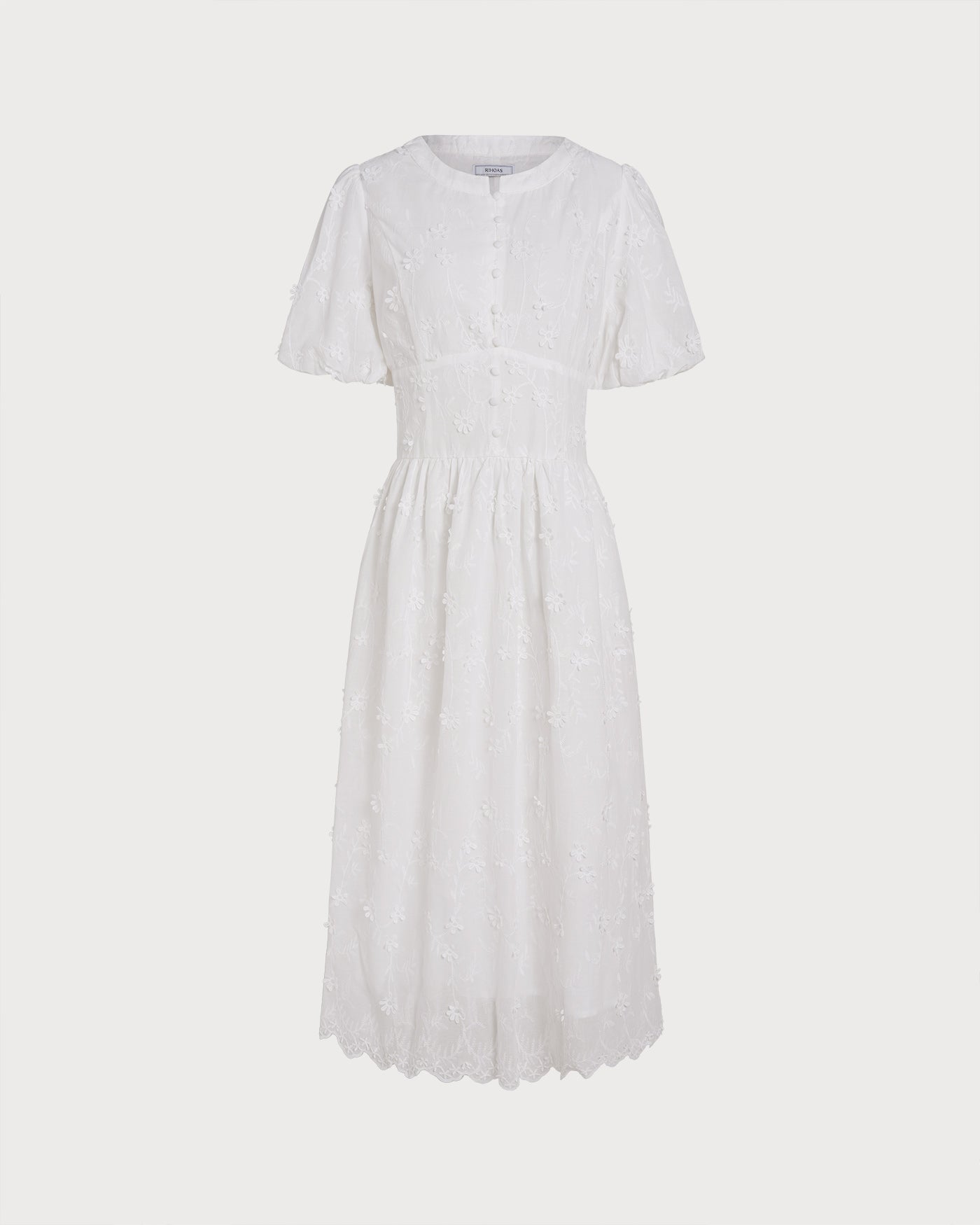 Blanca | Vestido Midi de Algodón Blanco Mujer Cuello Redondo Bordado