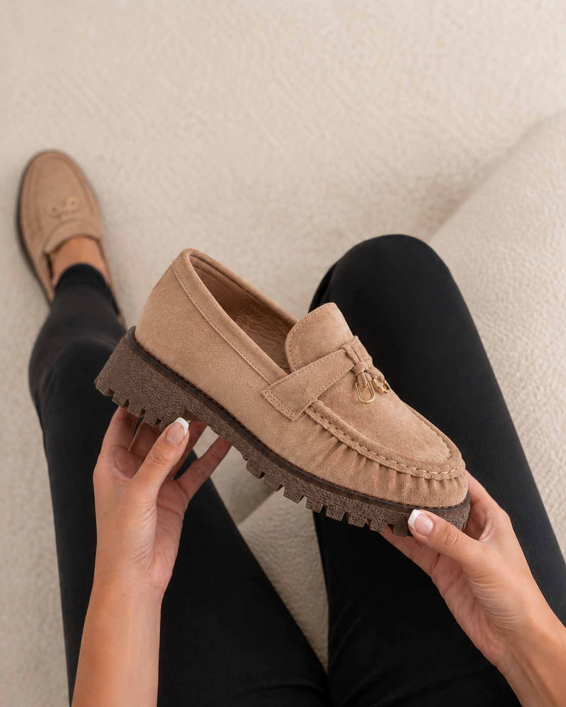 LAURA | MOCASINES MUJER TAUPE SUELA TRACK TACÓN 3,5 CM