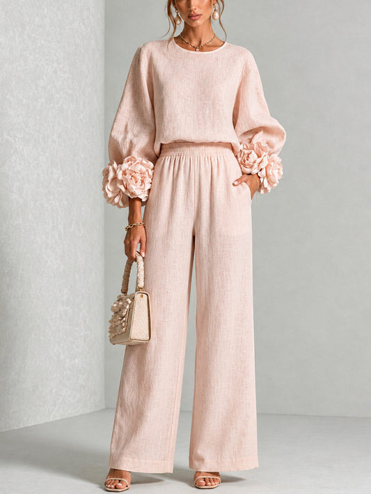 Romina | Conjunto de Top con Puños Florales y Pantalón Ancho