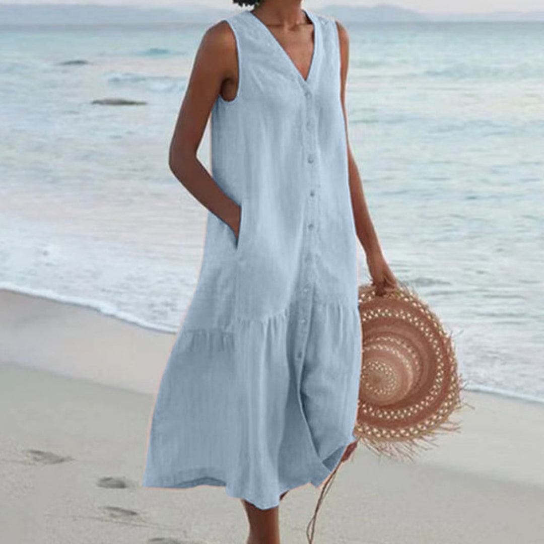 Abril | Vestido Midi de Playa Sin Mangas Mujer Botones Escote V
