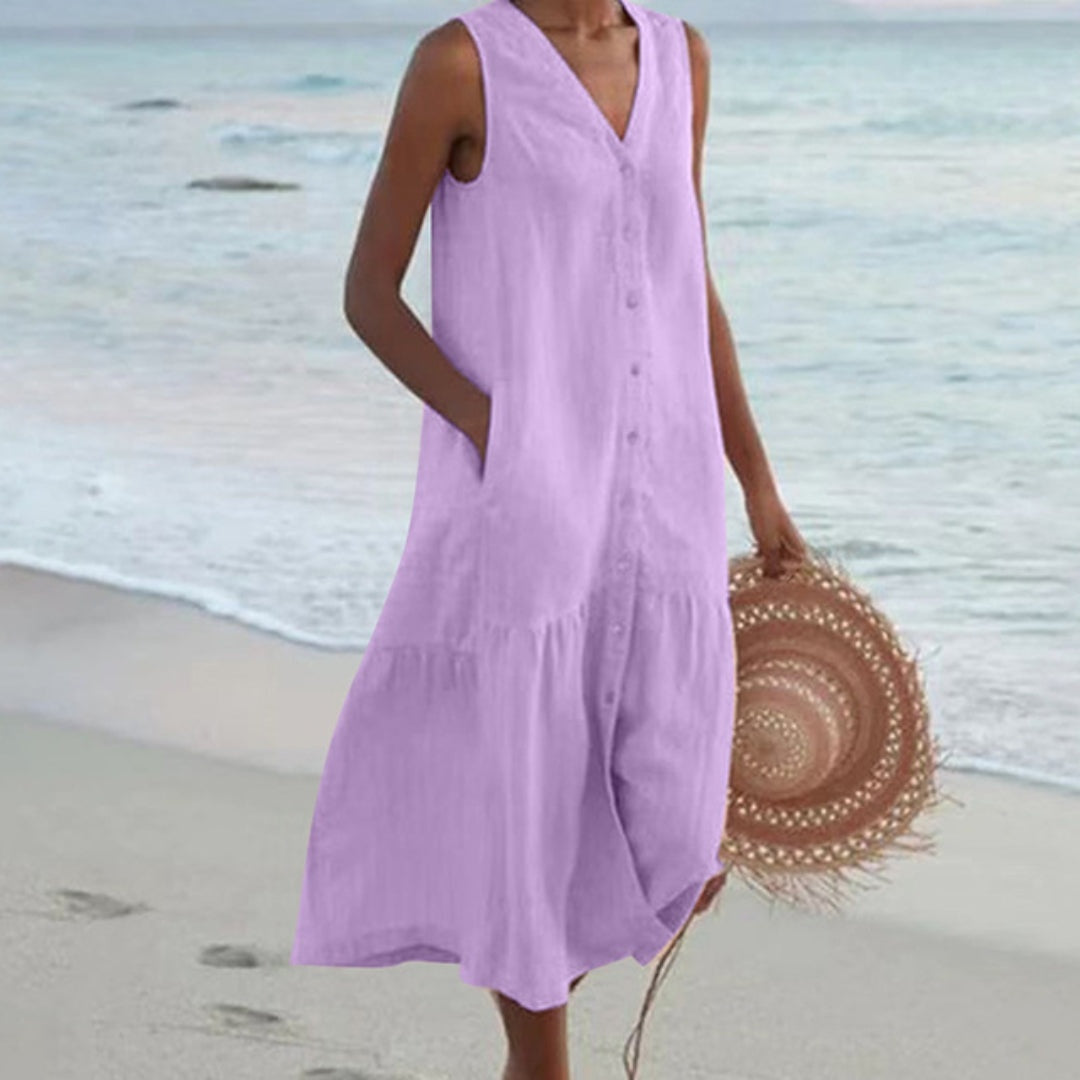 Abril | Vestido Midi de Playa Sin Mangas Mujer Botones Escote V
