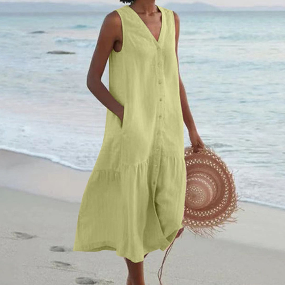 Abril | Vestido Midi de Playa Sin Mangas Mujer Botones Escote V