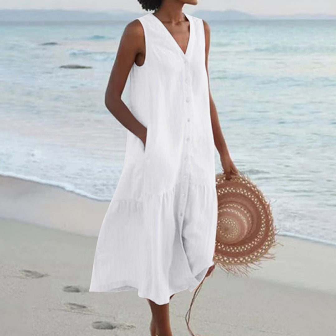 Abril | Vestido Midi de Playa Sin Mangas Mujer Botones Escote V