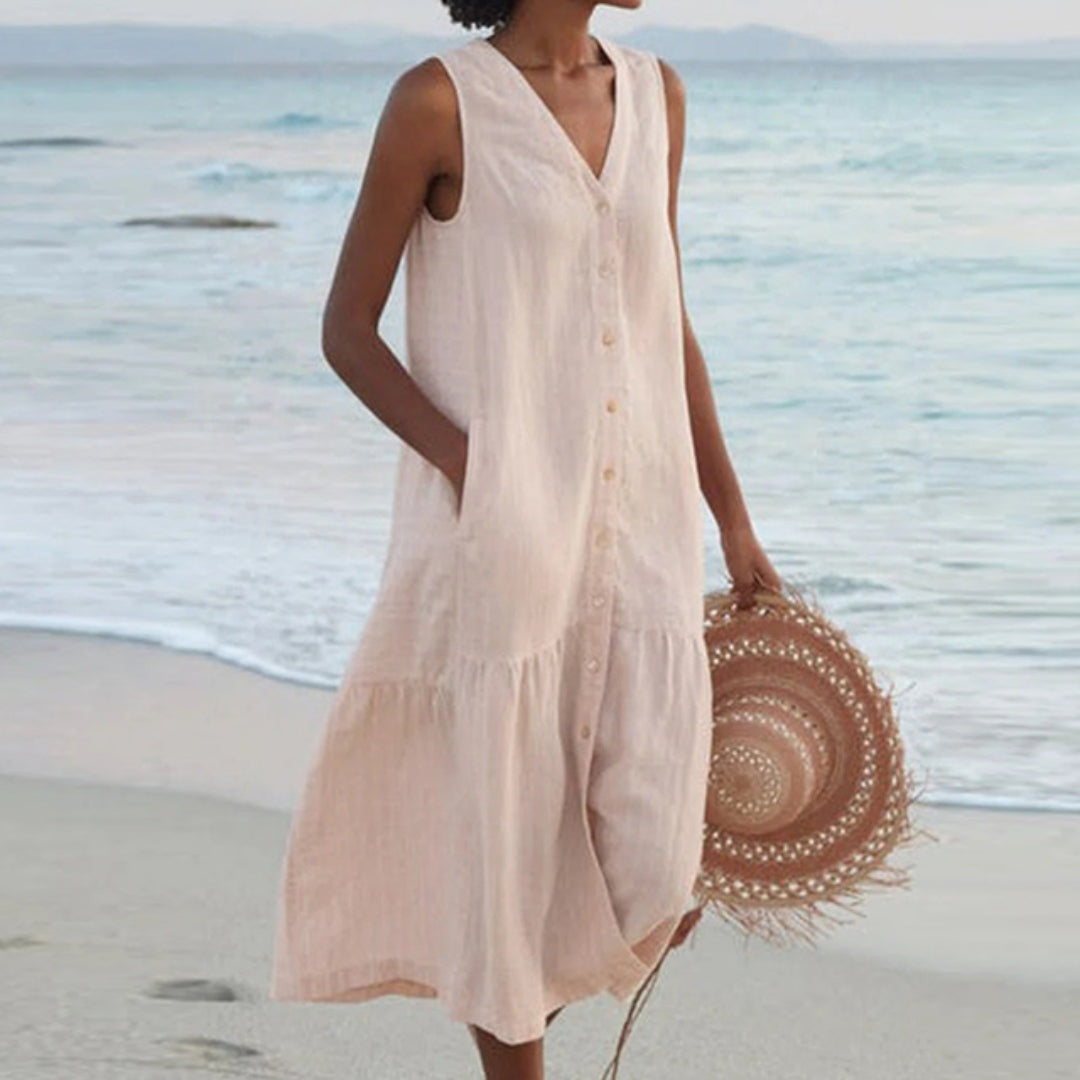 Abril | Vestido Midi de Playa Sin Mangas Mujer Botones Escote V