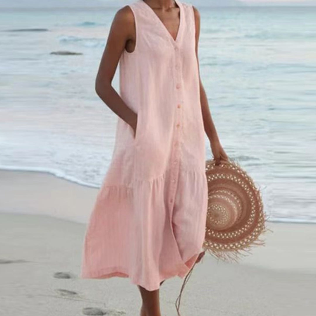 Abril | Vestido Midi de Playa Sin Mangas Mujer Botones Escote V