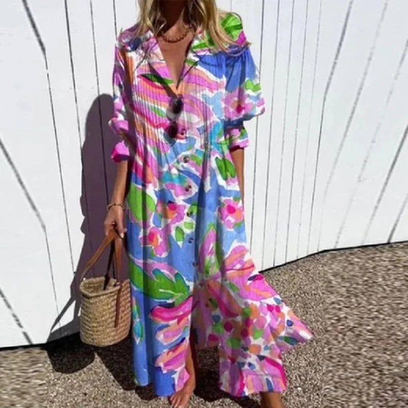 Aitana | Vestido Largo de Verano Estampado Floral Mujer Escote V