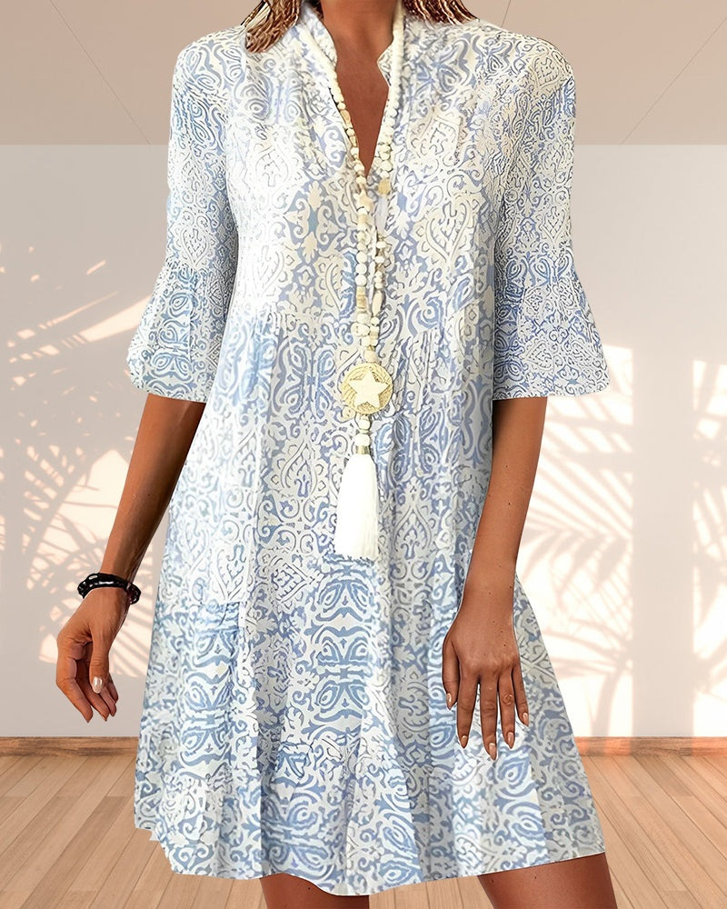 Ariadna | Vestido Boho Mujer Estampado Manga Campana Escote V