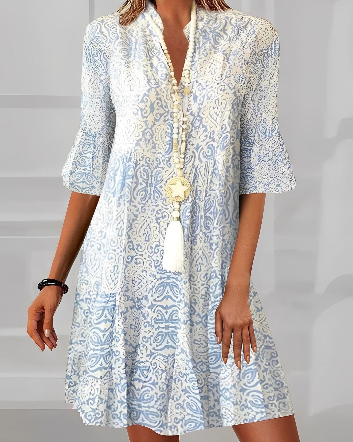 Ariadna | Vestido Boho Mujer Estampado Manga Campana Escote V
