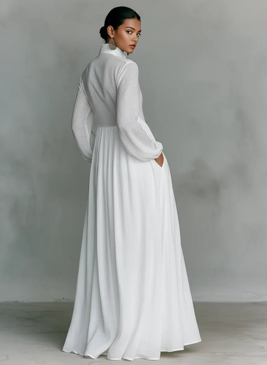 Ariadna | Vestido Largo de Novia Sencillo Mujer Manga Larga Botones