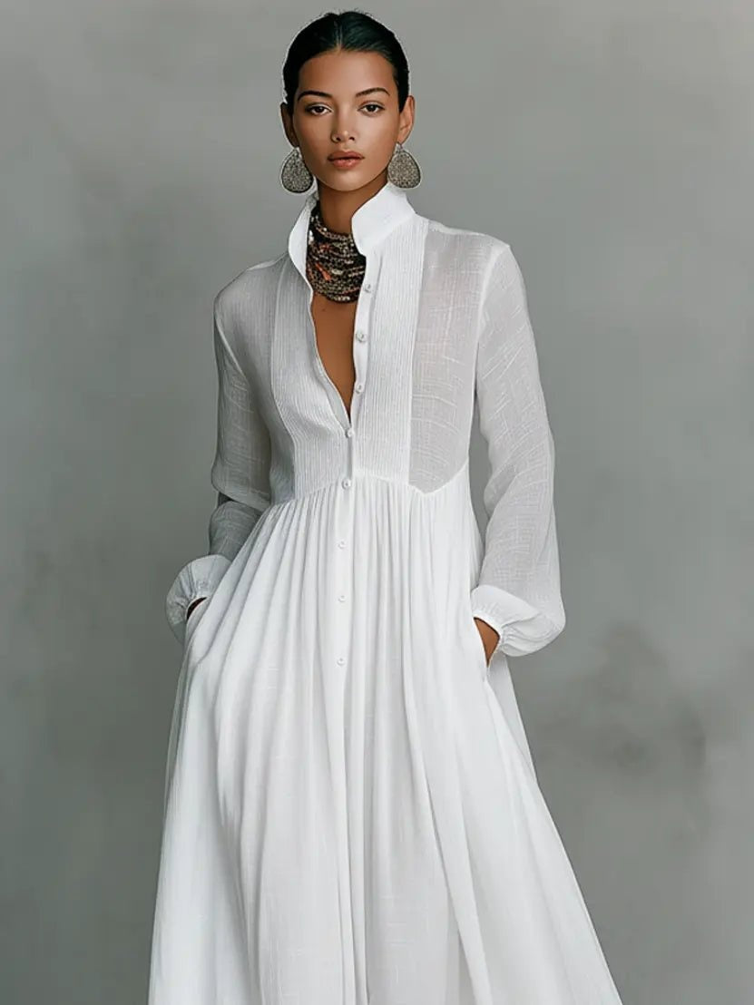 Ariadna | Vestido Largo de Novia Sencillo Mujer Manga Larga Botones