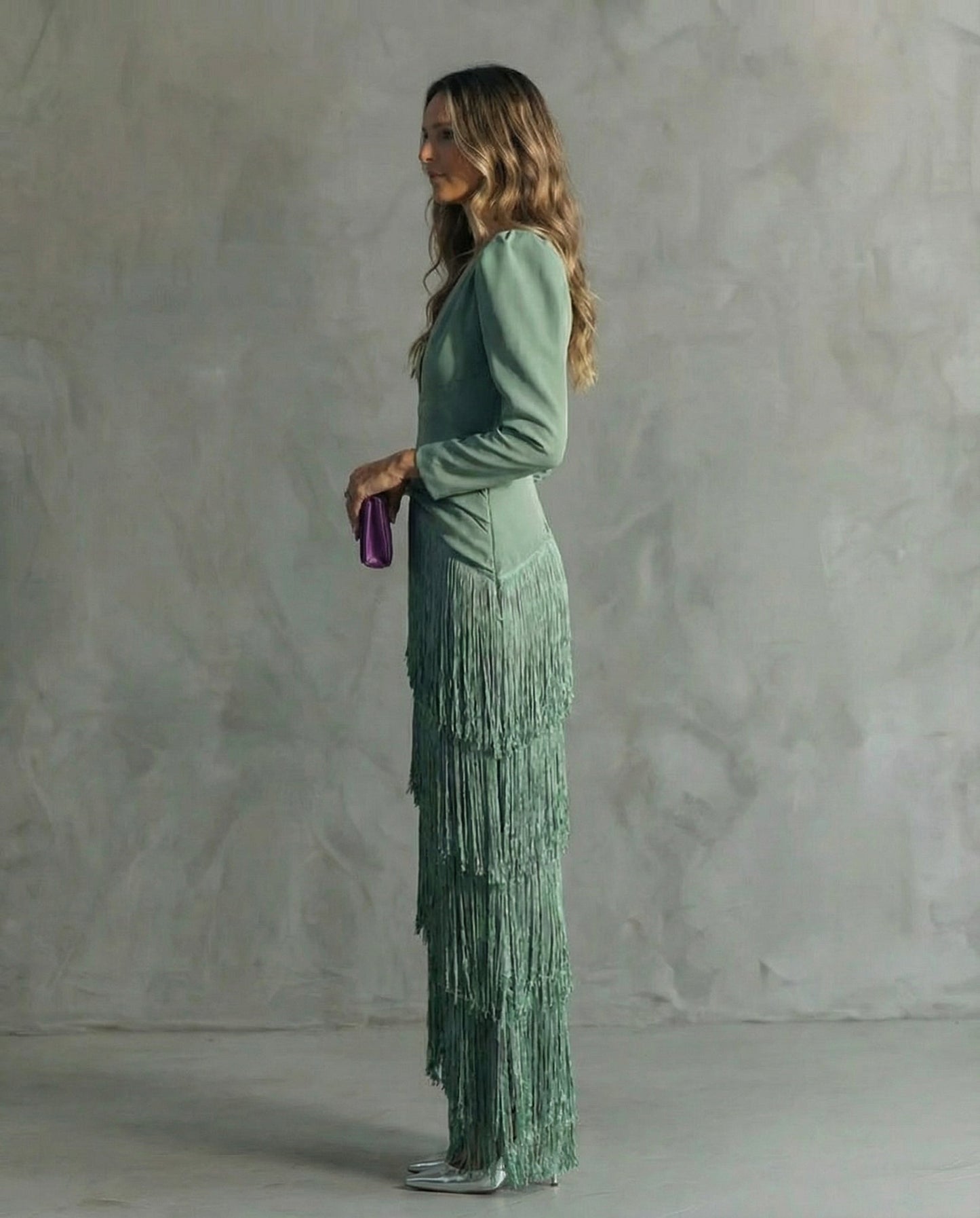 Beatriz | Vestido Largo de Invitada Boda Invierno Mujer Manga Larga Flecos