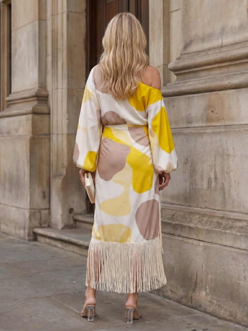Beatriz | Vestido Midi Asimétrico de Un Hombro Mujer Flecos Manga Abullonada