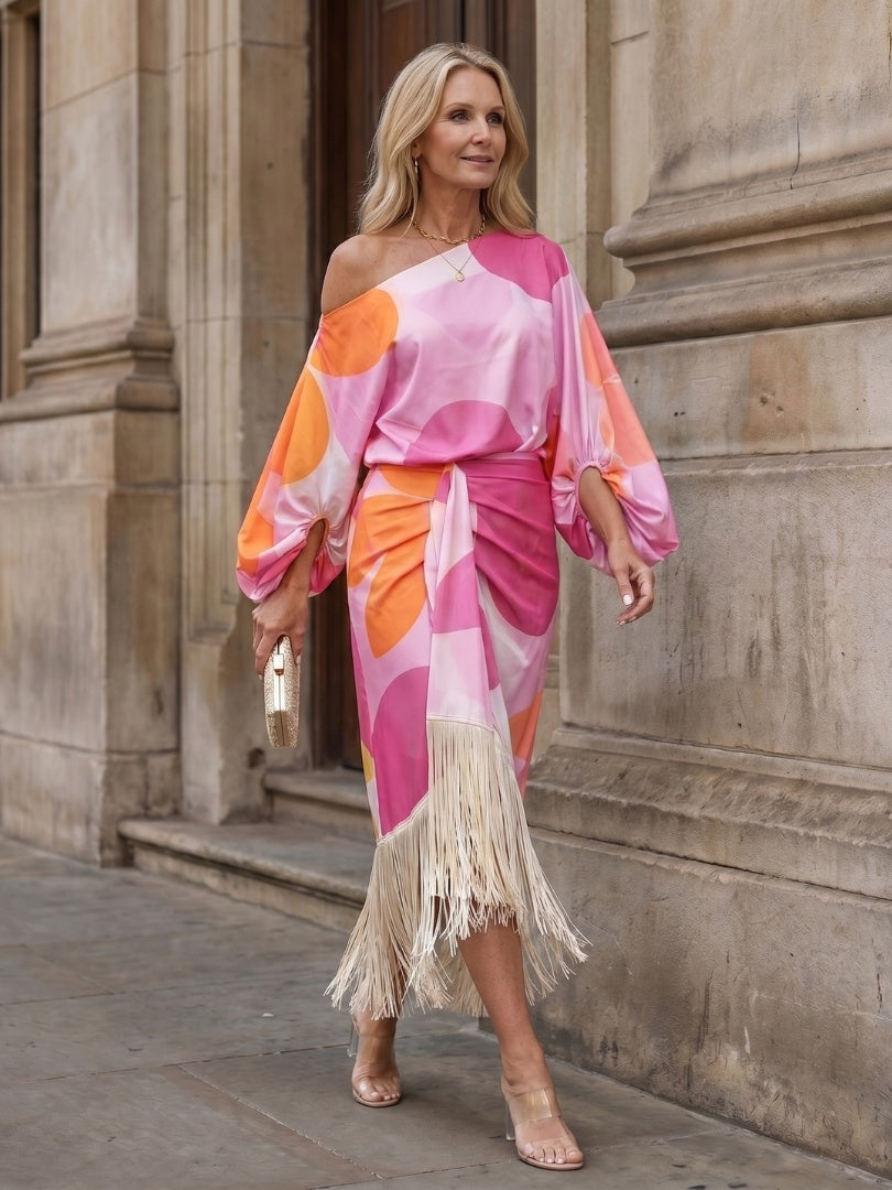 Beatriz | Vestido Midi Asimétrico de Un Hombro Mujer Flecos Manga Abullonada