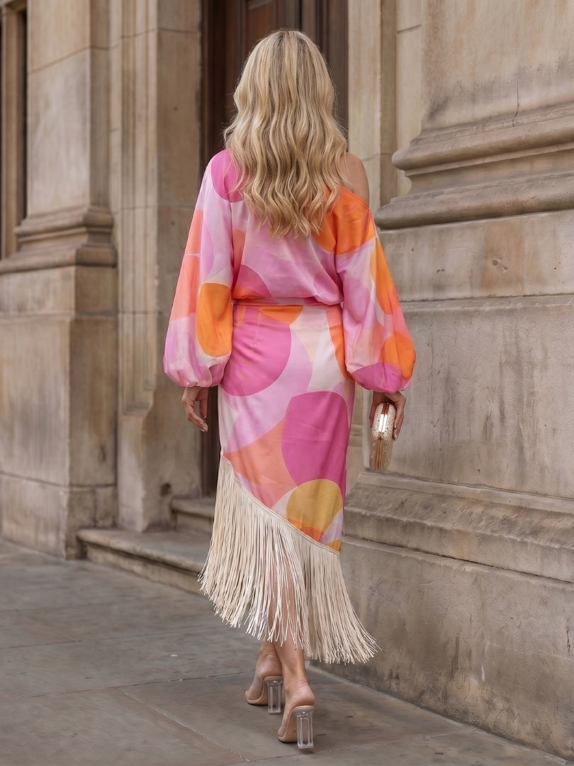 Beatriz | Vestido Midi Asimétrico de Un Hombro Mujer Flecos Manga Abullonada