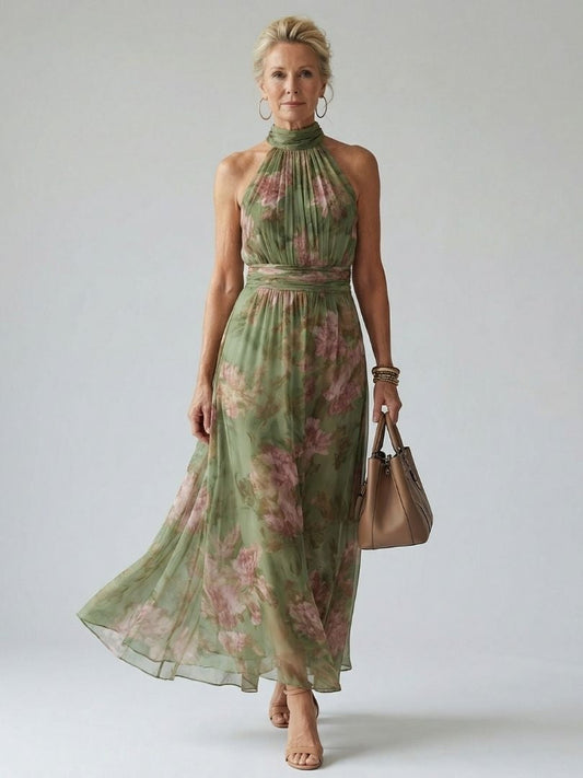 Beatriz | Vestido Midi Halter Estampado Floral Mujer Fruncido Elegante
