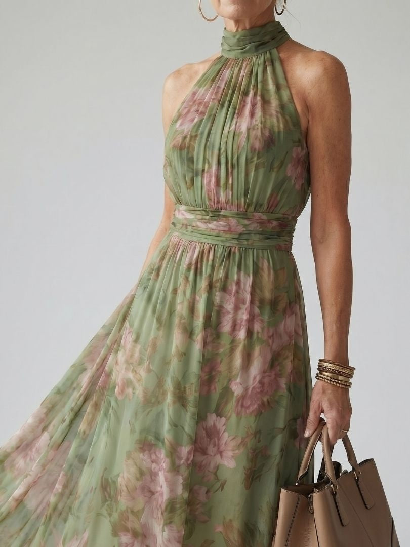 Beatriz | Vestido Midi Halter Estampado Floral Mujer Fruncido Elegante