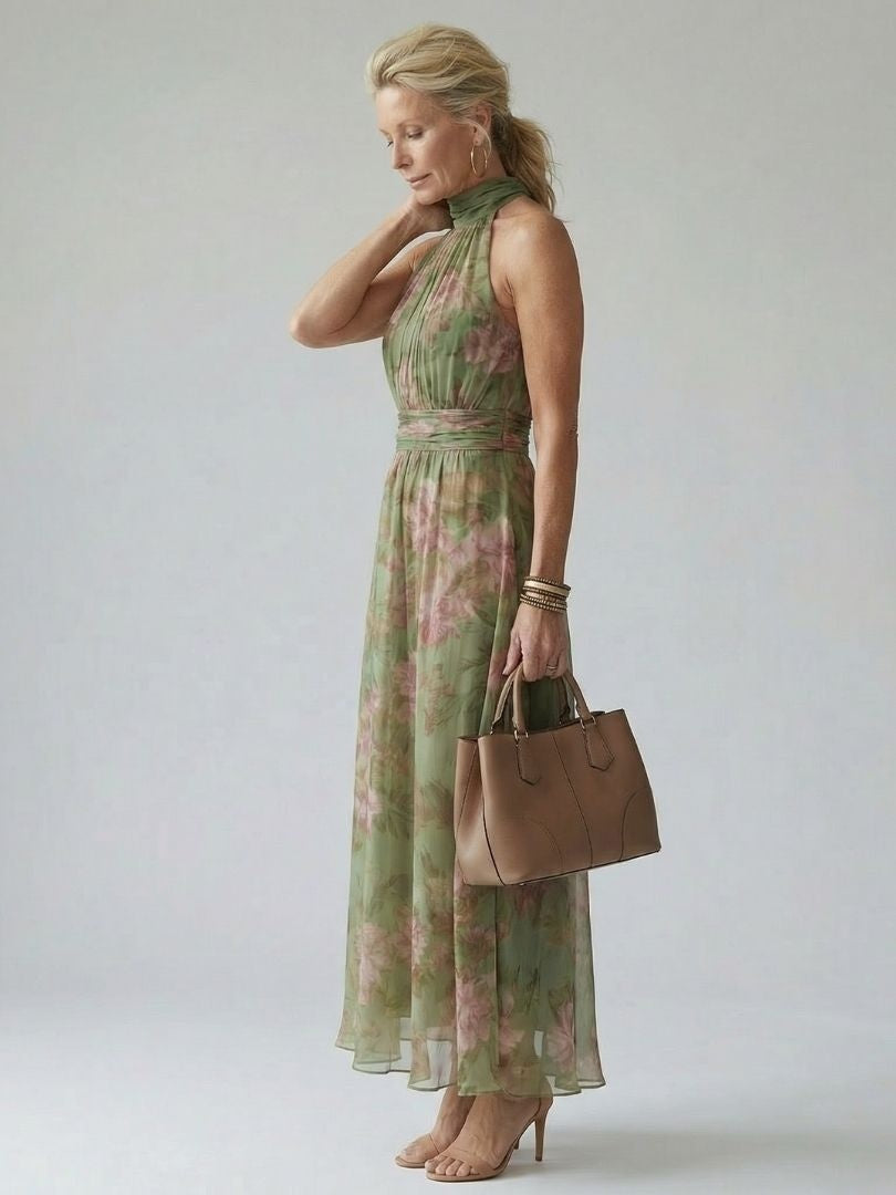 Beatriz | Vestido Midi Halter Estampado Floral Mujer Fruncido Elegante