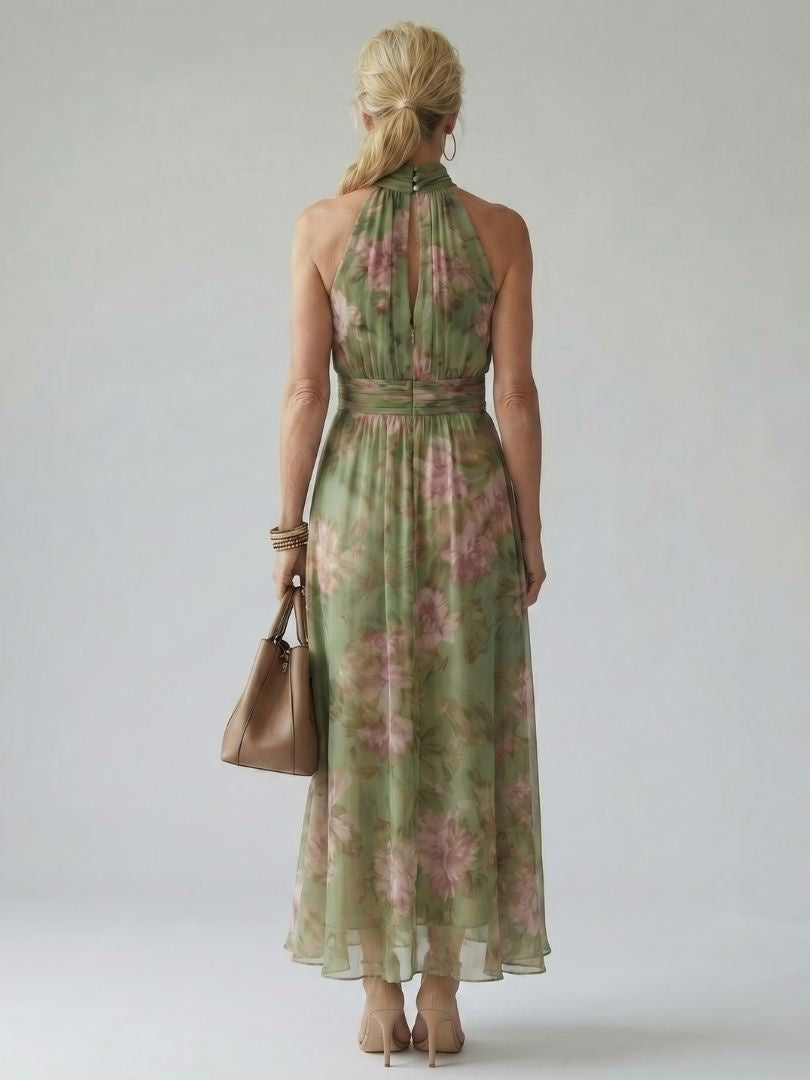 Beatriz | Vestido Midi Halter Estampado Floral Mujer Fruncido Elegante