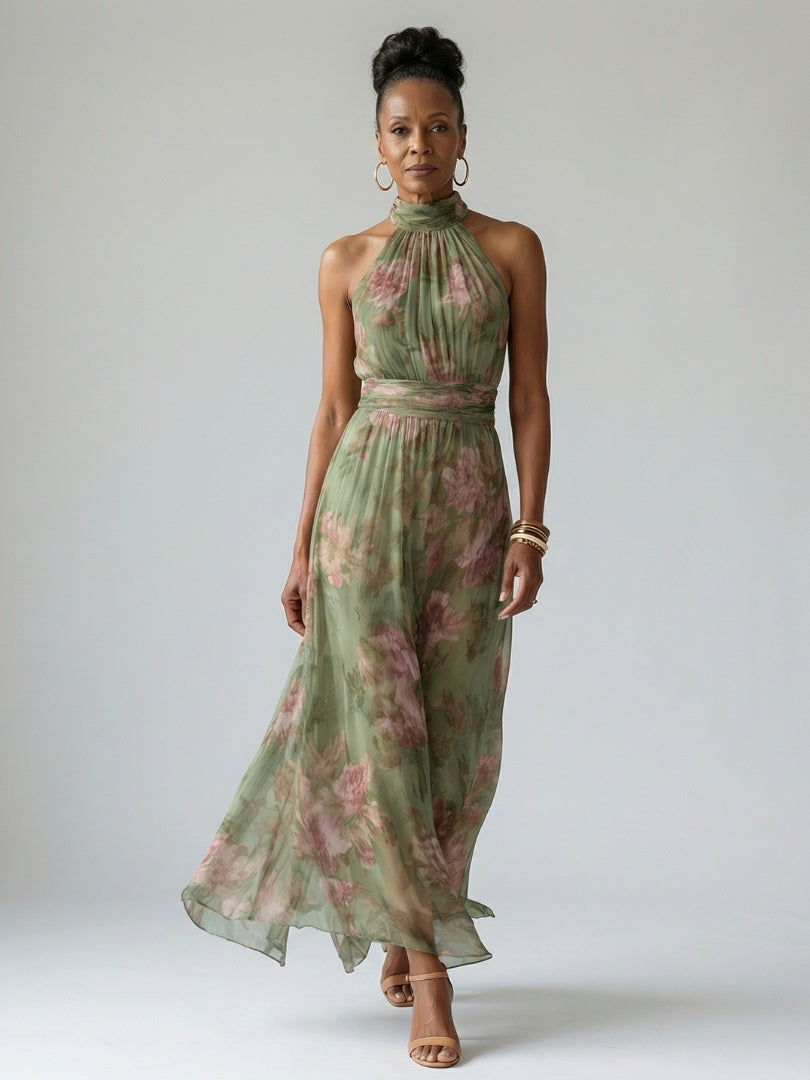 Beatriz | Vestido Midi Halter Estampado Floral Mujer Fruncido Elegante