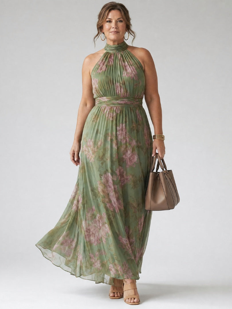 Beatriz | Vestido Midi Halter Estampado Floral Mujer Fruncido Elegante