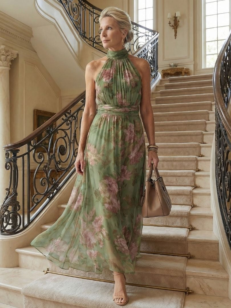 Beatriz | Vestido Midi Halter Estampado Floral Mujer Fruncido Elegante