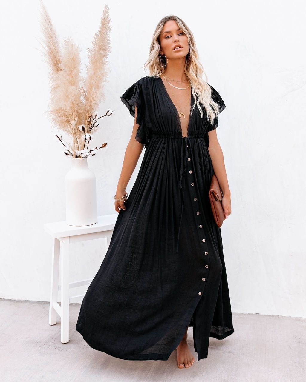 Berta | Vestido Largo Camisero con Botonera Mujer Escote V Manga Corta