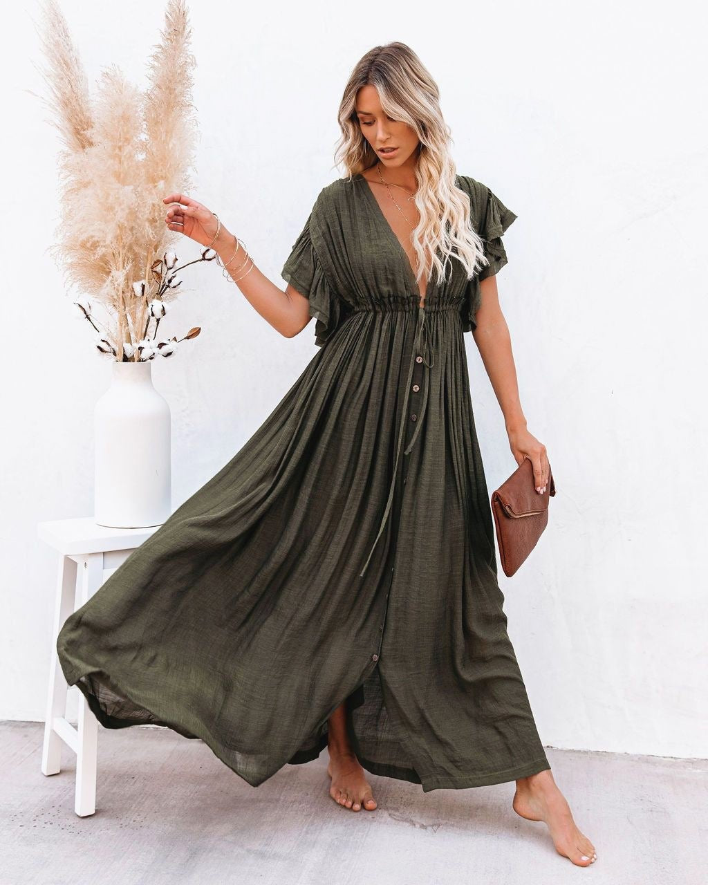 Berta | Vestido Largo Camisero con Botonera Mujer Escote V Manga Corta