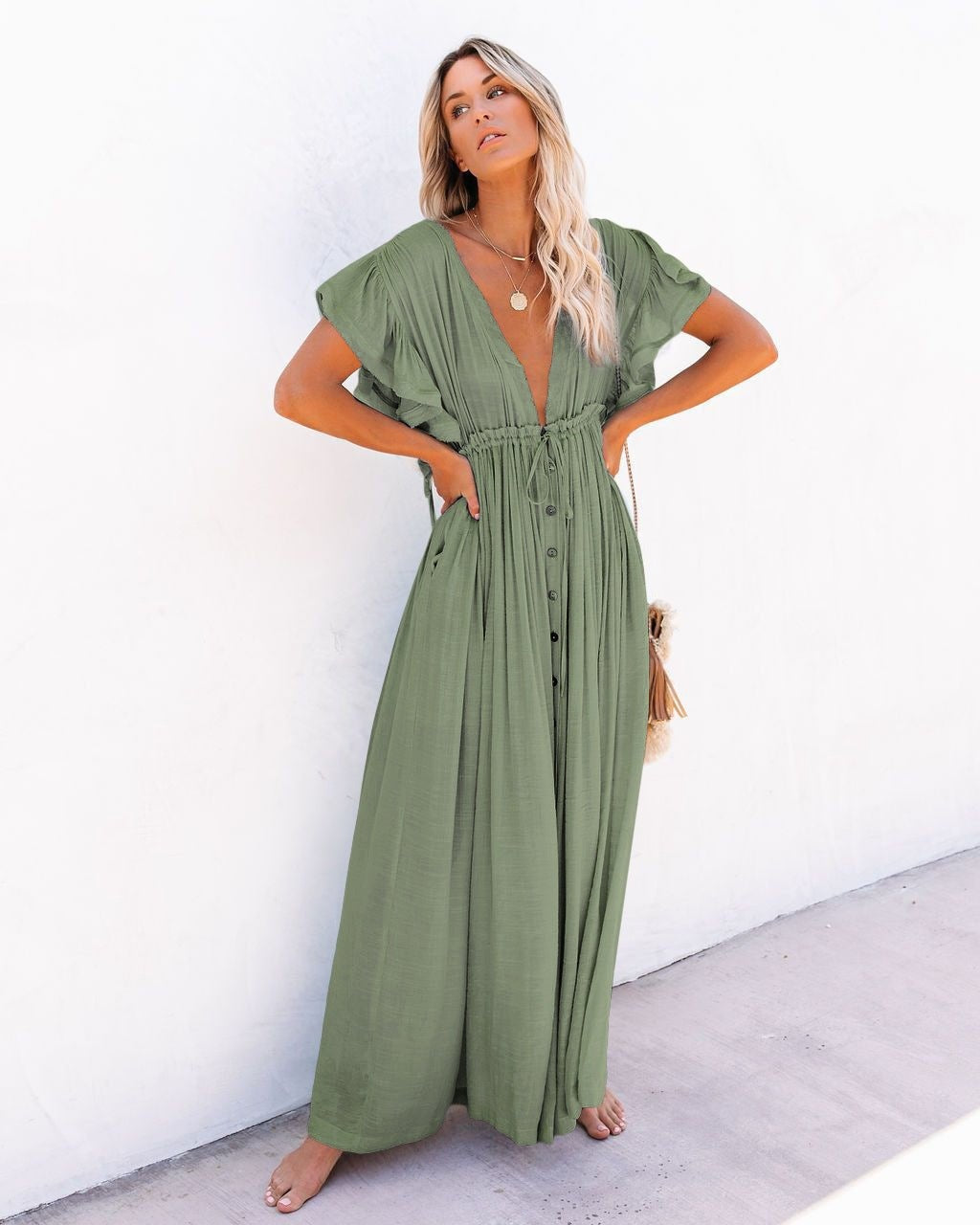 Berta | Vestido Largo Camisero con Botonera Mujer Escote V Manga Corta