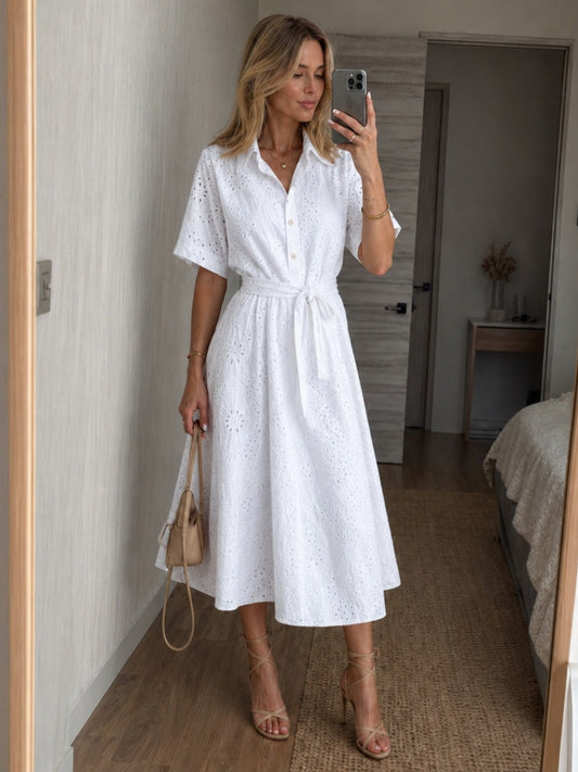 Candela | Vestido Midi Camisero con Bordado Inglés Mujer Cinturón