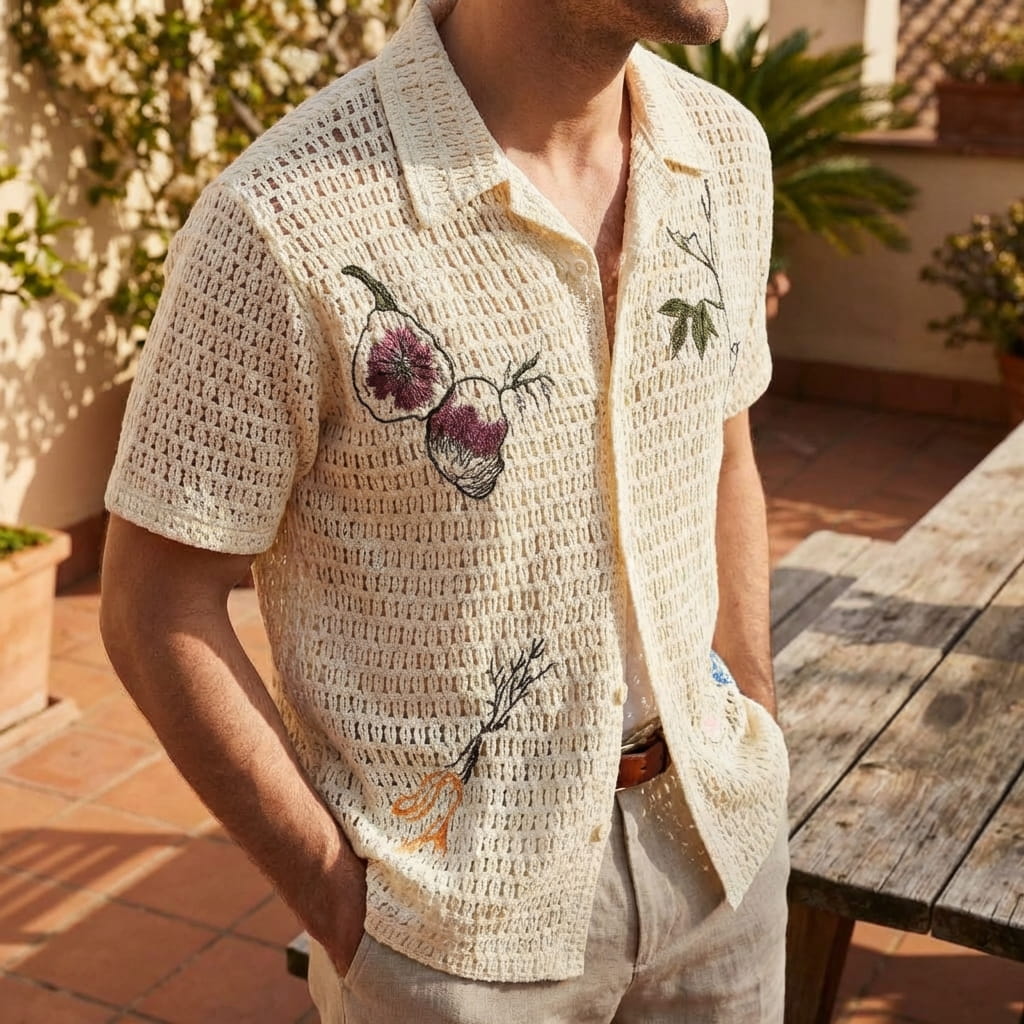 CAPRI | CAMISA HOMBRE DE CROCHET CALADA CON BORDADOS